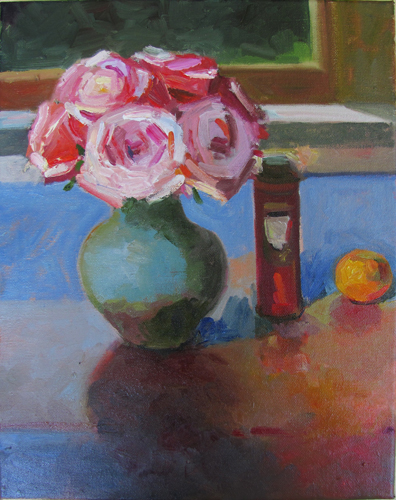 Roses and Powder Can on Blue<br />oil on wood