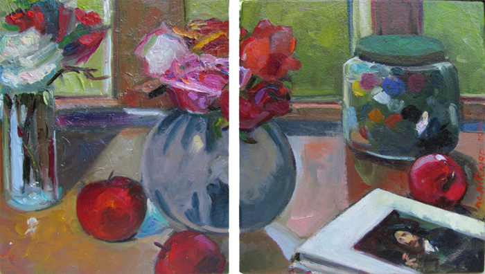 Roses, Buttons, Apples and Degas<br />oil on wood, 2 panels