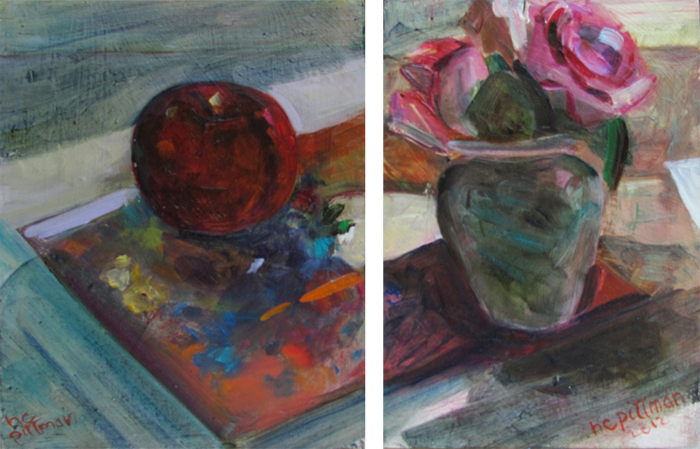 Roses and Apple on Redon's Flowers<br />oil on wood, 2 panels
