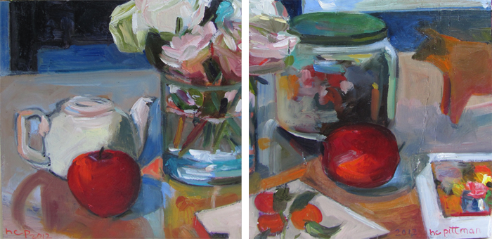 Roses and Hoitsu's Persimmons<br />oil on wood, 2 panels