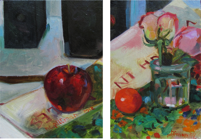 Apples and Roses on Jo's Van Gogh<br />oil on wood, 2 panels