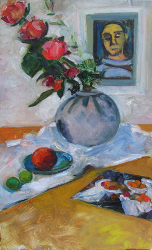 Roses, Cezanne and Rouault<br />oil on wood