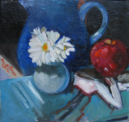 Daisies and Apple on Degas<br />oil on canvas
