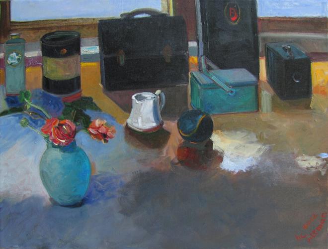 Anemonies, Lunch Boxes and Brownie<br />oil on canvas