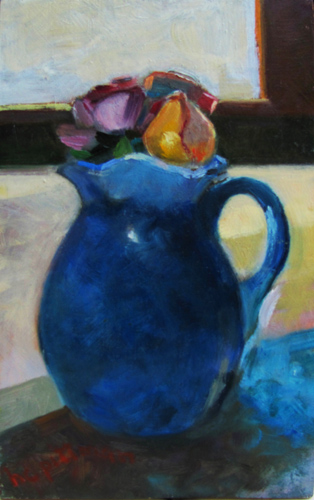 Roses in Blue Pitcher<br />oil on wood