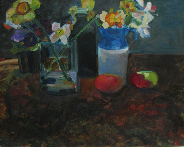 Daffodils and Lady Apples<br />oil on wood