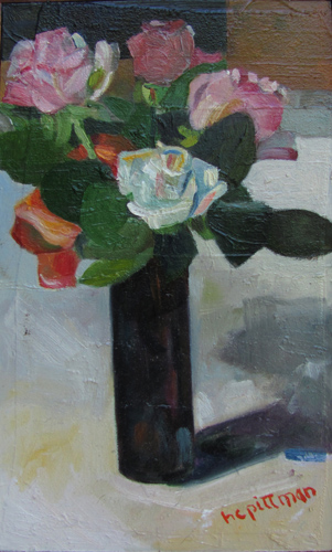 Roses in a Dark Vase<br />oil on collaged canvas