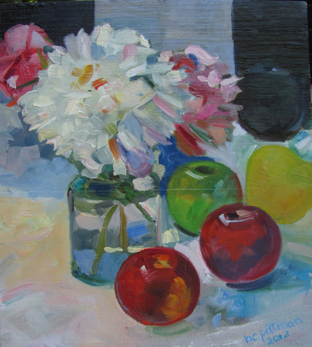 Peonies, Apples and Teapot<br />oil on wood