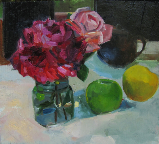 Red Peony and Teapot<br />oil on wood