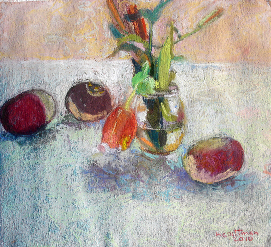 Turnips and Tulip<br />pastel on paper<br />12 x 12 inches